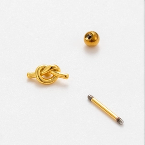 Golden stainless steel stud earrings set featuring knot design and round bead screw back