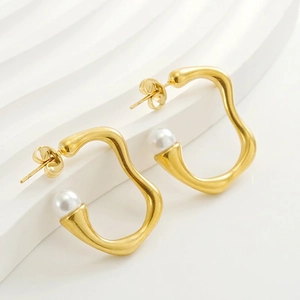 Irregular Wave Hoop Earrings 18K Gold Plated Stainless Steel With White Artificial Pearl Minimalist Geometric Fashion Jewelry For Women