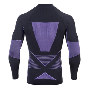 Men's thermal sports compression suit with purple geometric moisture-wicking back panels
