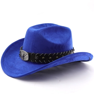 Detail of electric blue suede cowboy hat with metallic bull head buckle and star rivets
