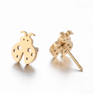 Minimalist golden stainless steel ladybug stud earrings with sleek metallic finish