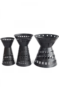Three sizes of black hourglass-shaped floral arrangement stands on a white background