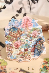 Detailed 3D layered sticker with traditional Chinese architecture and peach blossoms