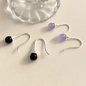Minimalist 925 sterling silver drop earrings with black agate and purple crystal beads