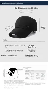 Tableau des tailles détaillé pour casquette de baseball en coton avec mesures précises