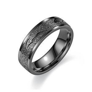 Polished and frosted black titanium steel ring with crescent carving and 45-degree angle