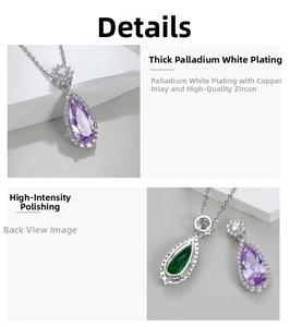Detailed close-up of water drop pendants with purple and green zircon in white palladium plating