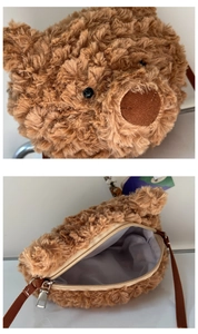 Detail of plush bear crossbody bag showing soft brown texture and zipper opening