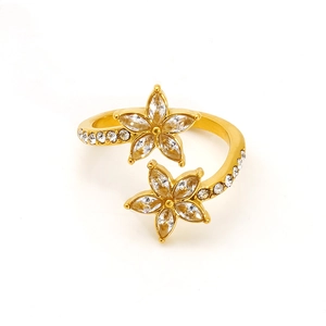 Adjustable 18K gold-plated ring featuring double flower design with marquise zircon