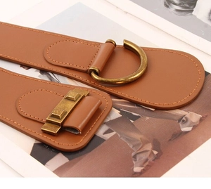 Detail of a brown wide elastic waist belt with bronze metal D-ring and vintage buckle