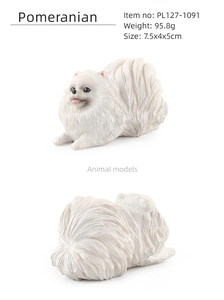 Detailed realistic white Pomeranian dog figure showing fur texture and dimensions