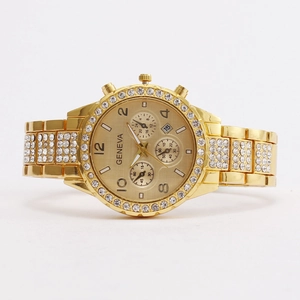 Elegant gold-tone Geneva quartz watch for women with rhinestones and calendar display