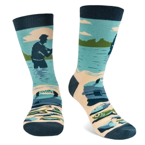 Close-up of knit crew socks with artistic fishing scenery including angler and fish