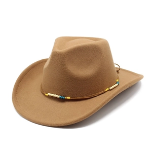 Chapeau de cowboy classique en laine camel avec bandeau perlé coloré pour hommes et femmes