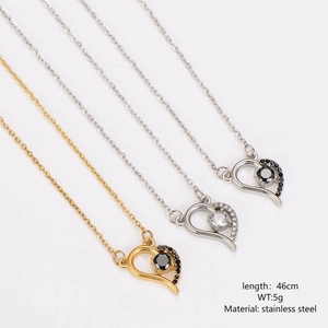 Elegant stainless steel heart zircon necklaces in gold and silver finish, 46cm length