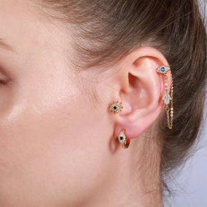 Golden Evil Eye and Hand of Fatima earring set with long chain for ear piercings