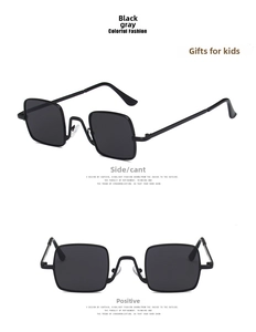 Front and side views of black square vintage metal sunglasses for kids with grey lenses