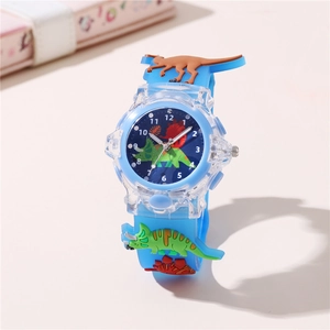 Detail of blue 3D dinosaur cartoon watch with silicone strap and luminous LED dial