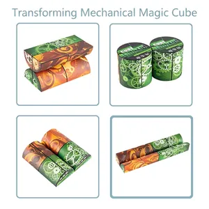 Macro view of four folding states of 3D geometric puzzle cube with steampunk gear patterns
