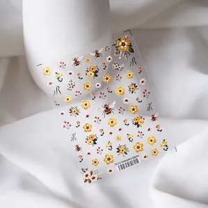 5D stereoscopic floral embroidery nail stickers with bee patterns on white satin