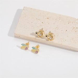 Minimalist gold plated bear stud earrings set with enamel butterfly and pearls