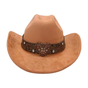 Detailed view of tan faux suede cowboy hat with embossed leather band and heart buckle
