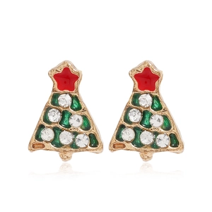 Détails de boucles d'oreilles sapin de Noël en émail vert et strass sur base dorée