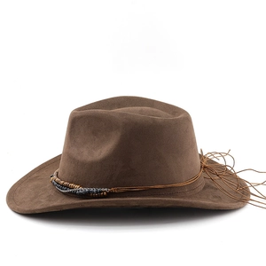 Detail of brown wide-brim western cowboy hat featuring multi-layer beaded band and suede texture