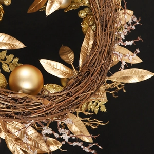 Lighted Christmas wreath with golden balls and glitter leaves for front door decor