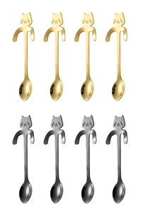 Detailed set of 8 cute cat-shaped stainless steel coffee spoons in gold and black finishes