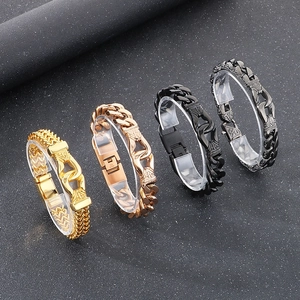 Retro stainless steel engraved chain bracelets for men in gold, rose gold, black, and silver