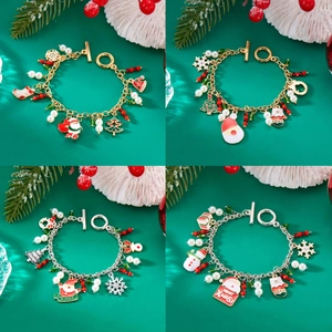 Christmas Charm Bracelet Alloy Enamel Santa Reindeer Tree Charms Imitation Artificial Pearls Crystal Beads Women Holiday Party Gift
