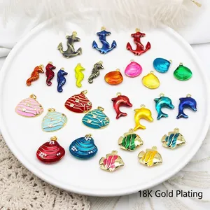 Ocean Marine DIY Charms Brass 18K Gold Plated Enamel Artificial Pearl Zircon Seahorse Dolphin Anchor Shell Jewelry Making Accessory