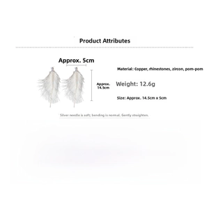 Detail showing dimension and materials of silver needle tassel feather drop earrings