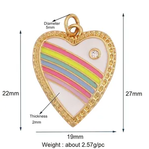 Detailed view of colorful enamel heart pendant with dimensions 19x27mm and zircon stone