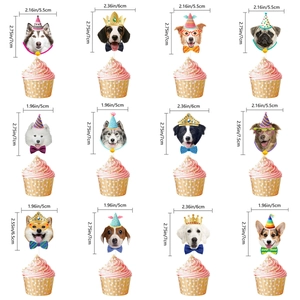 Set di 12 topper per cupcake con varie razze di cani, cappelli di compleanno e papillon