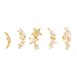 Golden stainless steel earring set with star and moon zircon studs for cartilage piercing