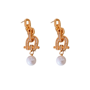 Golden horseshoe drop earrings with hanging pearls and glittering zircon accents