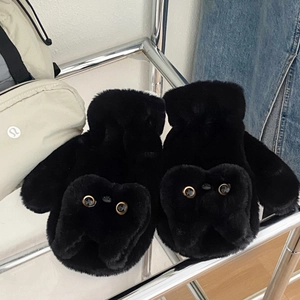 Winter black plush gloves with cute cat eye design and warm double-layer fleece lining