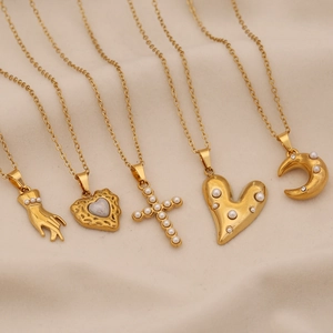Stainless Steel Pendant Necklace Vintage Chic Heart Cross Crescent Moon Palm Faux Artificial Pearl Inlaid Jewelry For Women
