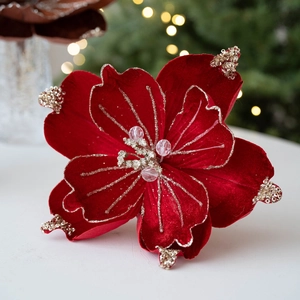 Red velvet artificial Magnolia flower with gold sequins and beads for Christmas decor