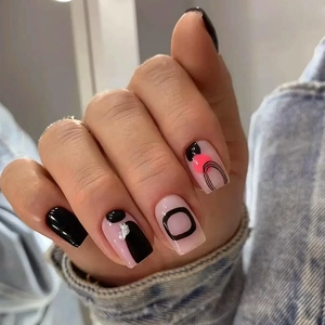 Unghie Finte Quadrate Design Linea Ondulata Nero Rosa Unghie Press On Lucide Per Donne