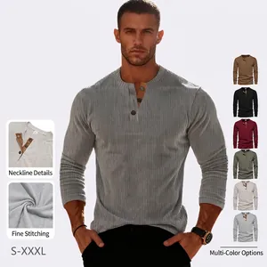 Men Henley Shirt Long Sleeve Ribbed Corduroy Textured Fabric Slim Fit Button Down Casual Urban Fashion Top