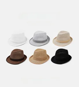 Detailansicht atmungsaktiver Mesh-Fedora-Hüte in sechs Farben mit Zierbändern