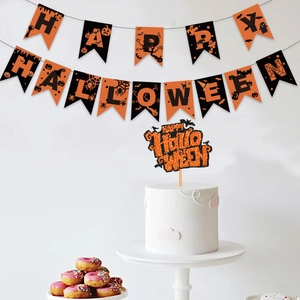 Halloween party decoration set featuring a Happy Halloween swallowtail banner and cake topper