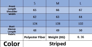 Size chart for loose-fitting striped knit sweater showing measurements in centimeters