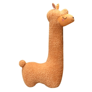 Cute brown alpaca plush toy made of soft curly lamb velvet in a long neck pillow design