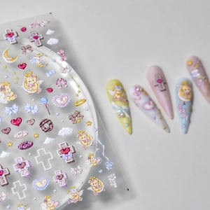 5D Embossed Nail Stickers Cute Relief Angel Bear Heart Bowknot Adhesive Nail Art Decals DIY Manicure Decoration