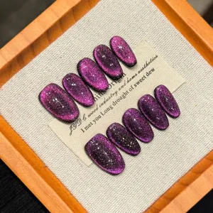 Handmade Purple Cat Eye Press On Nails Almond Shape Glitter Reusable Gel Manicure Elegant Fashion