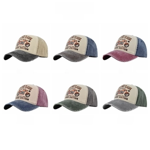 Grid view of vintage motorcycle baseball caps in six colors with distressed details